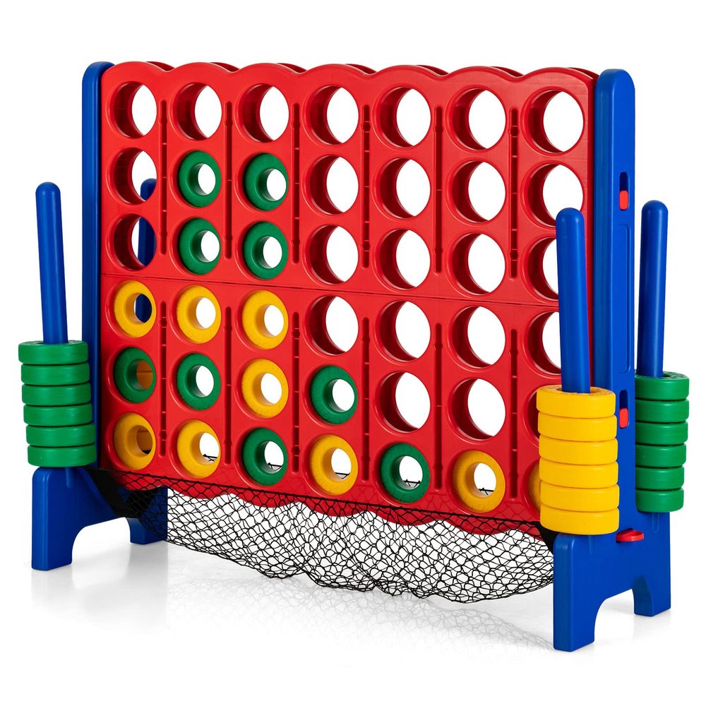 KOTEK Giant 4-in-a-Row Game, 3.5 Feet Tall Jumbo 4-to-Score Family Fun Game w/Quick-Release Sliders & 42 Large Rings, Oversized Connect Plastic Yard Game Outdoor for Kids & Adults (with Mesh Pocket)