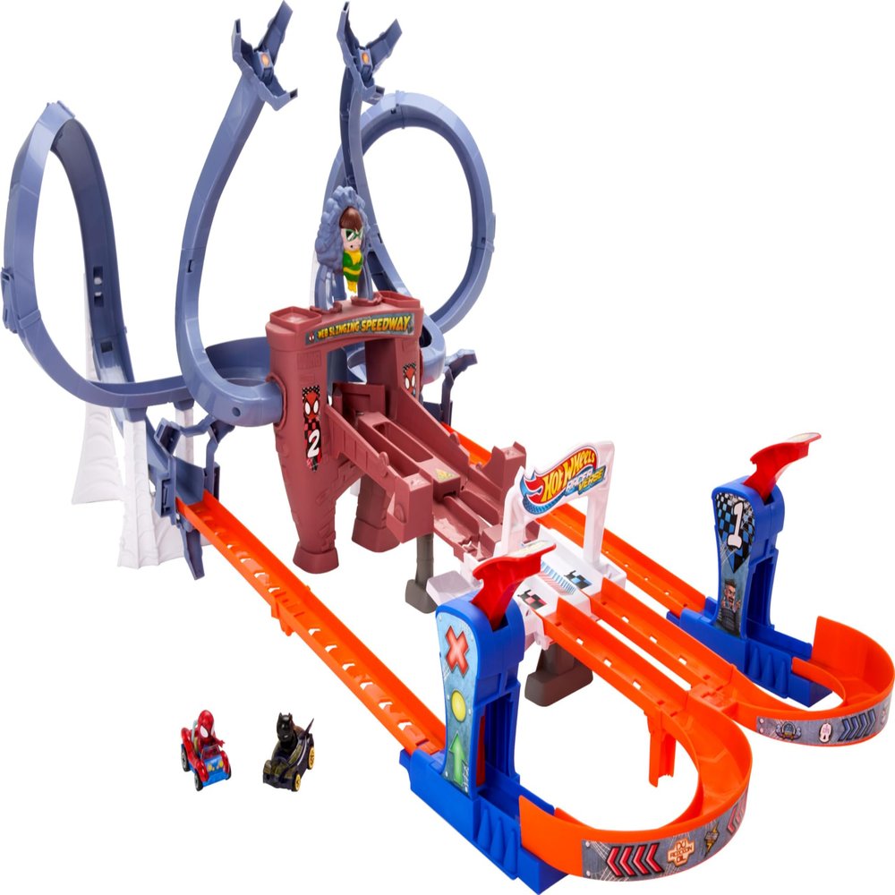 Hot Wheels RacerVerse Toy Car Track Set, Spider-Mans Web-Slinging Speedway, 2 1:64 Scale Racers: Spider-Man & Black Panther