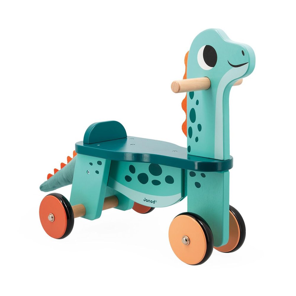 Janod Dino - Ride-On Wooden Dinosaur Portosaurus - 18.5 Tall Adorable Scooting Toy with Steerable Front Wheels - Includes Plush Tail - Ages 12 Months- 4 Years - J05828