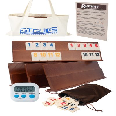 Extguds Deluxe Rummy Cube Game Set, 106 Tiles Classic Wooden Game, with 4 Handmade Wooden Racks, Portable Canvas Bag, Travel Set