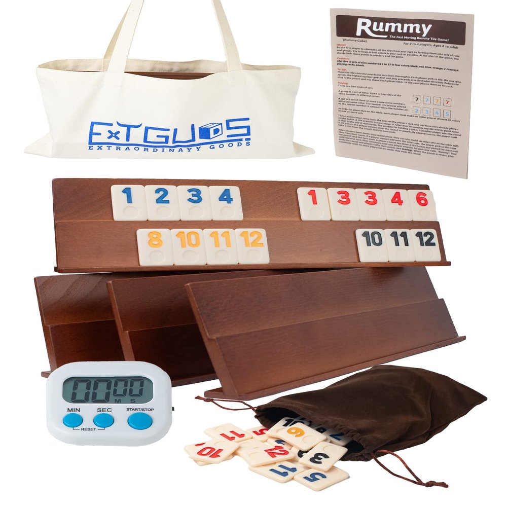 Extguds Deluxe Rummy Cube Game Set, 106 Tiles Classic Wooden Game, with 4 Handmade Wooden Racks, Portable Canvas Bag, Travel Set