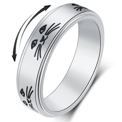 OreilleStar Anxiety Ring for Women Spinner Ring Titanium Stainless Steel Fidget Toys Adults Fidget Ring Men Women 6mm Width With Cat Face Spinning Size 10 Silver