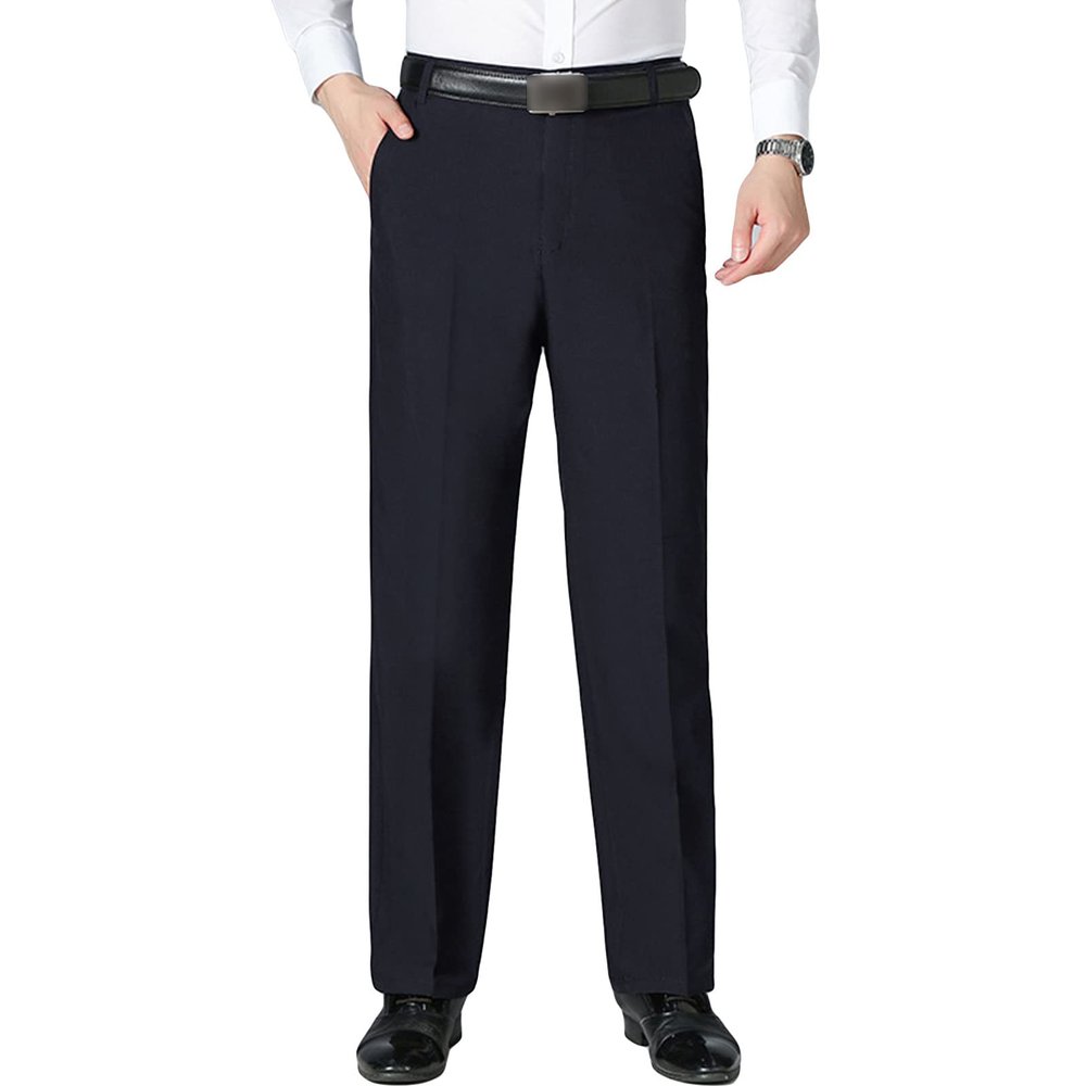 Men Classic Stretch Comfort Pant Straight Fit Flat Front Tapered Suit Pant Lightweight Wrinkle-Resistant Trousers (Dark Blue,38)