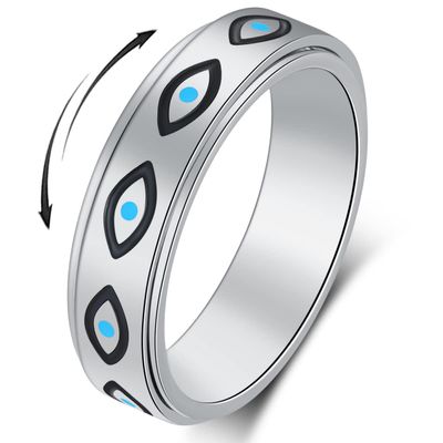 Anxiety Ring for Women - Evil Eye Fidget Spinner Ring in Stainless Steel Silver, Size 9