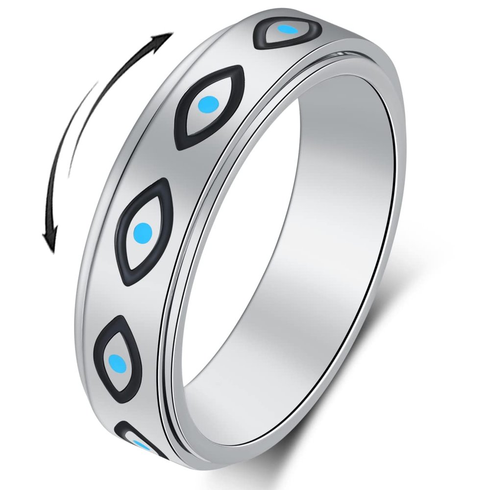 Anxiety Ring for Women - Evil Eye Fidget Spinner Ring in Stainless Steel Silver, Size 9