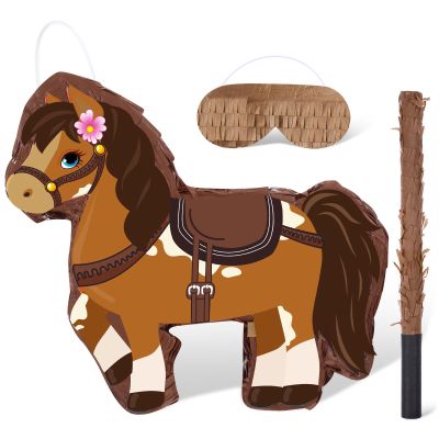 Harrycle Horse Piata Cowgirl Piata for Birthday Girl with Bat Stick Blindfold Mask for Horse Birthday Cowgirl Party Game Decor Supplies, 15 x 13.4 x 3.2 Inch