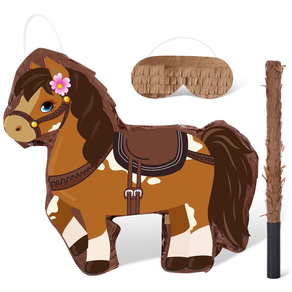 Harrycle Horse Piata Cowgirl Piata for Birthday Girl with Bat Stick Blindfold Mask for Horse Birthday Cowgirl Party Game Decor Supplies, 15 x 13.4 x 3.2 Inch