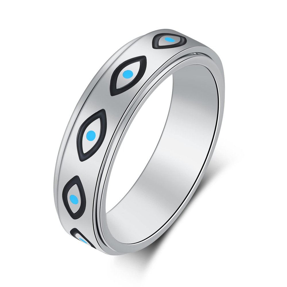LuckyAmor Anxiety Ring for Women Spinner Rings:Rotating Rings Stainless Steel 6mm Moon Star Anxiety for Men Band Jewelry Gift for Women Size 6 7 8 9 10 (Evil Eye-Silver, 6)