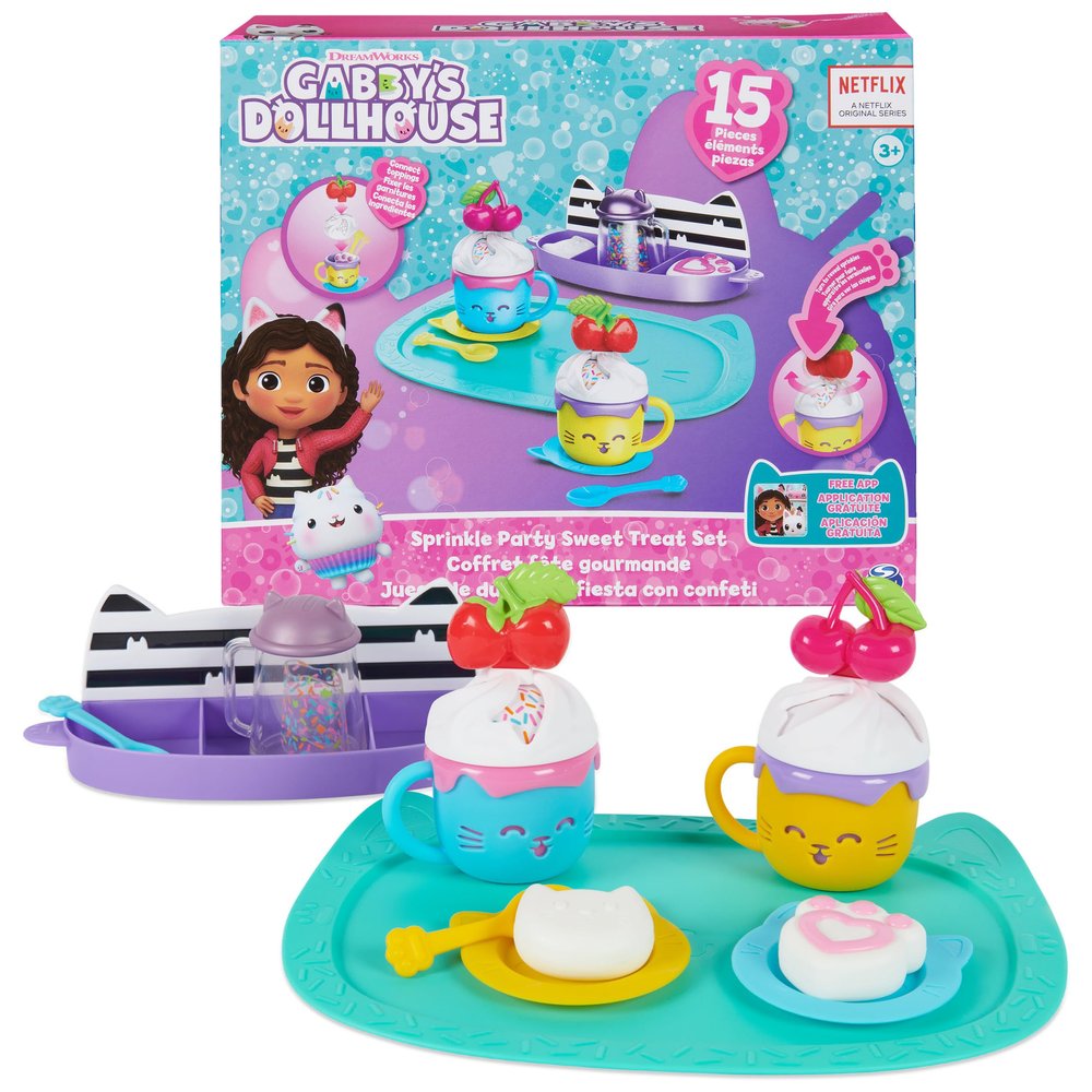 Gabby's Dollhouse, Sprinkle Party Sweet Treat Set, Pretend Play Kitchen Hot Cocoa Party Set with Fruit & Sprinkles, Kids Toys for Girls and Boys 3+