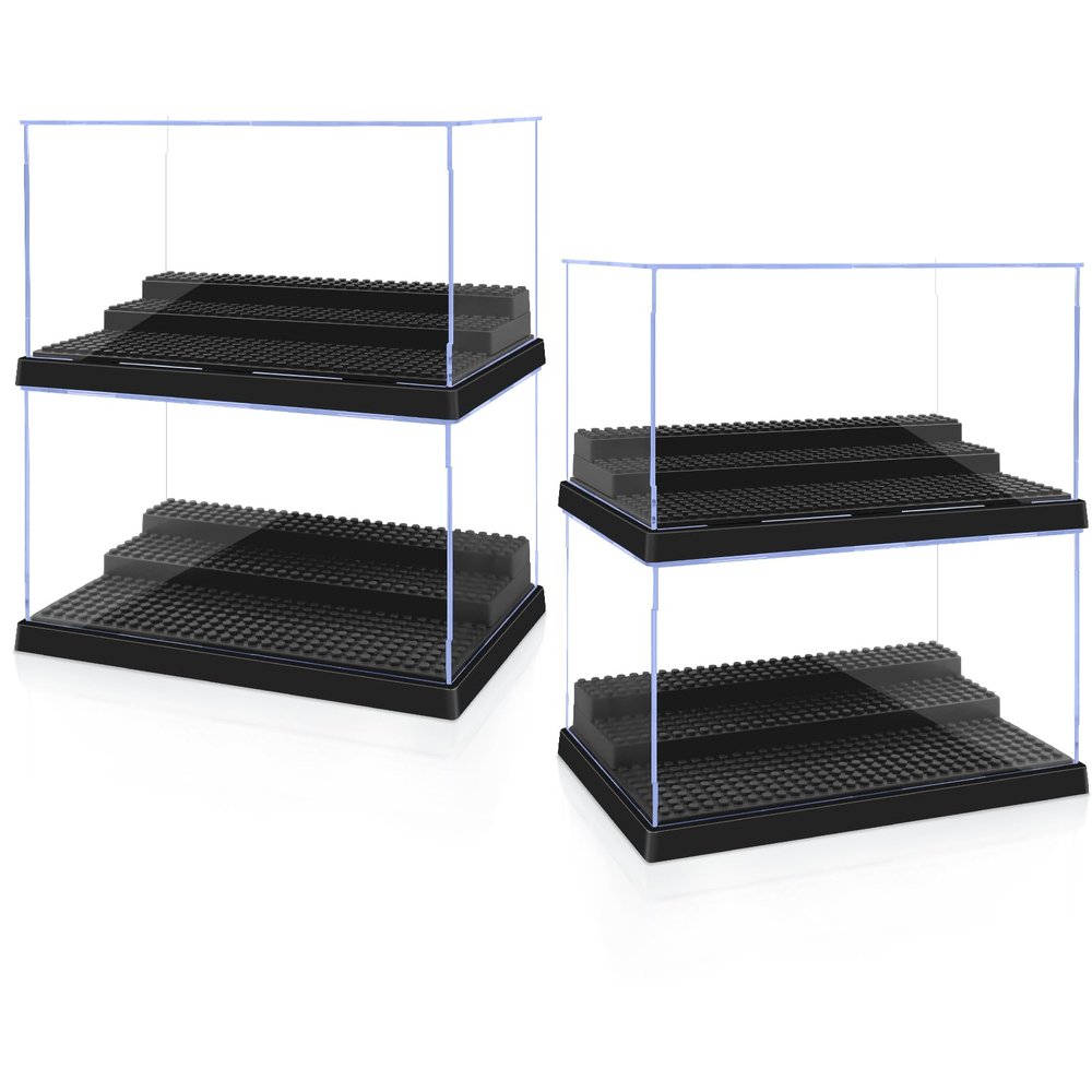 Pokiiulk Display Cases for Minifigures, 4 Mini-Figure Display Boxes Fits for Block Figures, Minifigures Cases with 3 Removable Stands Fits for Minifigs, Characters Models, L, Black