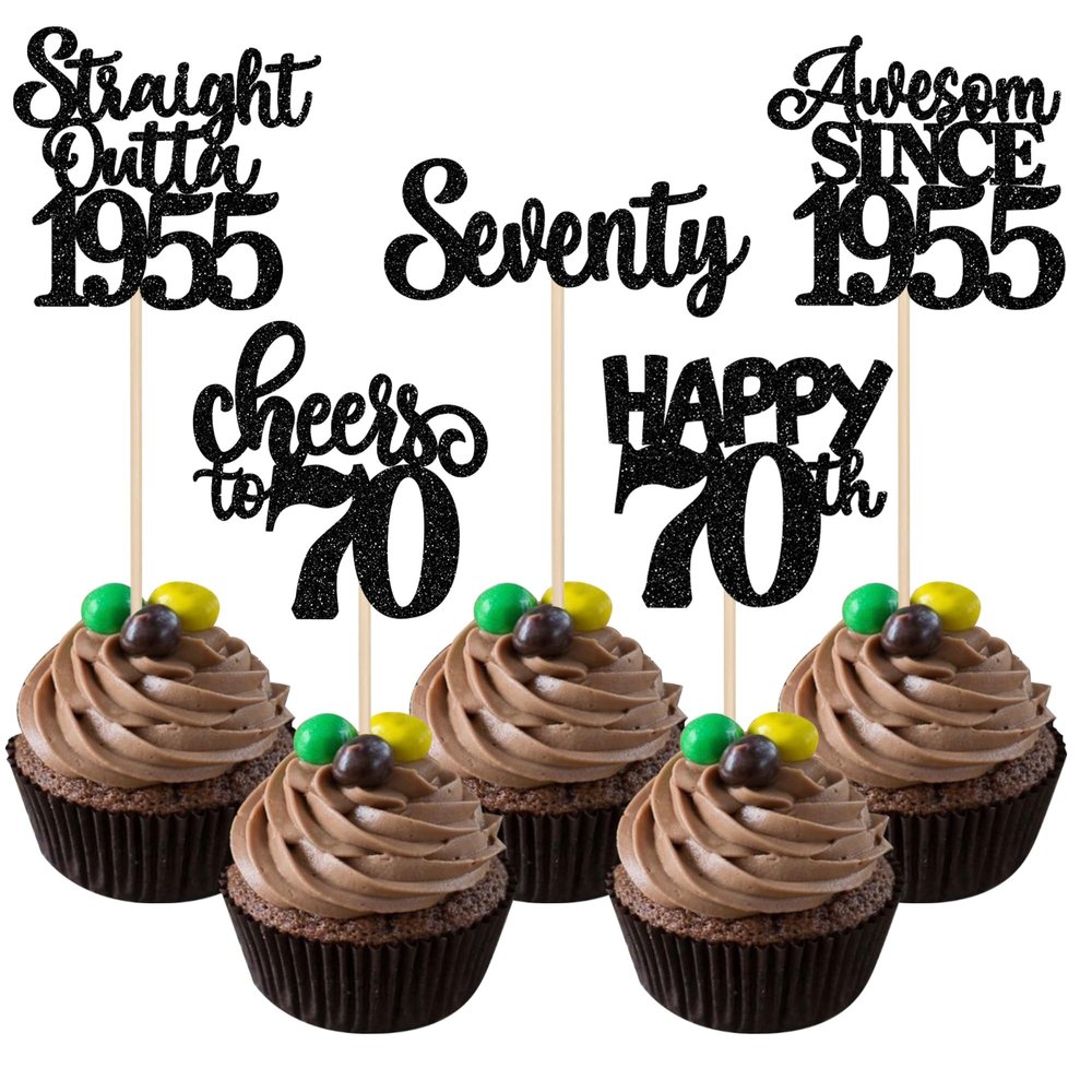 30 Pack 70th Birthday Cupcake Toppers Glitter Straight Outta 1955 Happy 70th Seventy Awesome Since 1955 Cupcake Picks 70 Fabulous Cake Decorations for Birthday Wedding Anniversary Party Gold