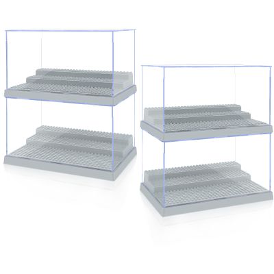4 Pack Display Case for Minifigure Action Figures Blocks, Acrylic Minifigure Display Case Box Storage with 3 Movable Steps Gift for Kids Adults (Grey)