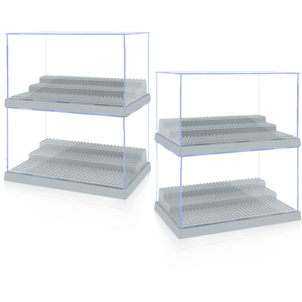 4 Pack Display Case for Minifigure Action Figures Blocks, Acrylic Minifigure Display Case Box Storage with 3 Movable Steps Gift for Kids Adults (Grey)