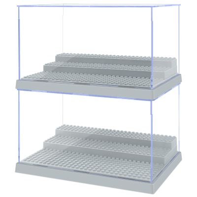 2 Pack Display Case for Minifigure Action Figures Blocks, Acrylic Minifigure Display Case Box Storage with 3 Movable Steps Gift for Kids Adults (Grey)