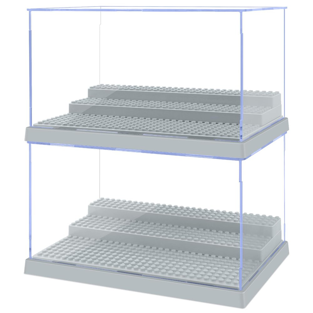 2 Pack Display Case for Minifigure Action Figures Blocks, Acrylic Minifigure Display Case Box Storage with 3 Movable Steps Gift for Kids Adults (Grey)