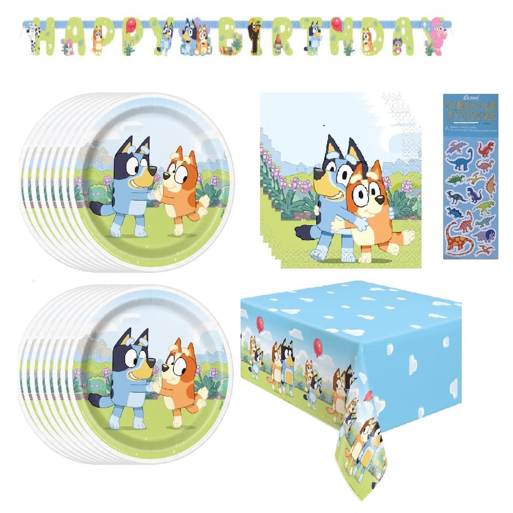 Bluey Birthday Party Supplies Bundle includes 16 Dessert Cake Plates, 16 Napkins, 1 Table Cover, 1 Happy Birthday Banner, 1 Dinosaur Sticker Sheet (Bundle for 16)