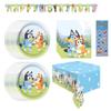 Bluey Birthday Party Supplies Bundle includes 16 Dessert Cake Plates, 16 Napkins, 1 Table Cover, 1 Happy Birthday Banner, 1 Dinosaur Sticker Sheet (Bundle for 16) view 1