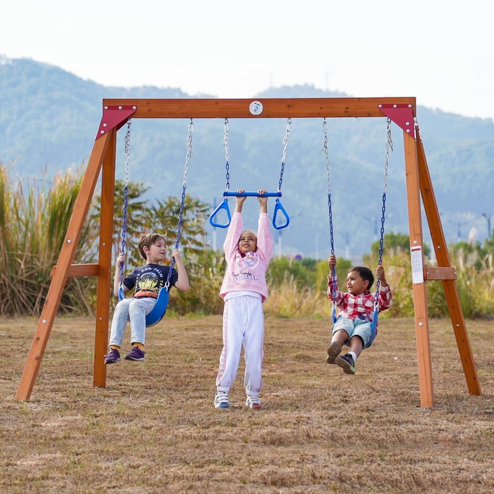 Dolphin Playground Wooden Swing Sets for Backyard, Family DIY Kit for Any Swings, Outdoor Playset for Kids with Trapeze Swing Bar and 2 Belt Swings, Heavy Duty Playground Accessories, Ages 3-10