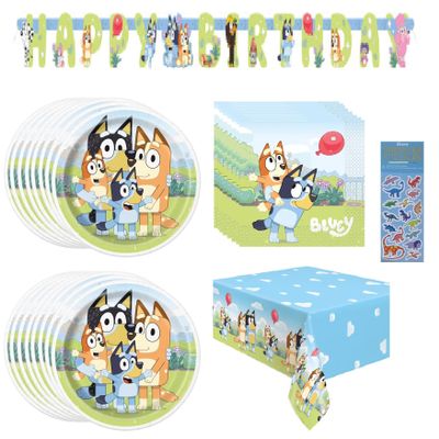 Bluey Birthday Party Supplies Bundle includes Lunch Plates, Lunch Napkins, Table Cover, Happy Birthday Banner (Bundle for 16 with 1 Dinosaur Sticker Sheet)