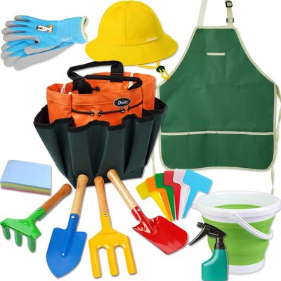 Kidz Gardening Set -Real Metal Gardening Tools Kit for Childrenz Includes Sturdy Shovel,Rake,Fork,Trowel,Kidz Garden Kit with Sun Hat,Apron,Gloves,Tote Bag,Sprayer and Bucket,Outdoor Gardening Gifts