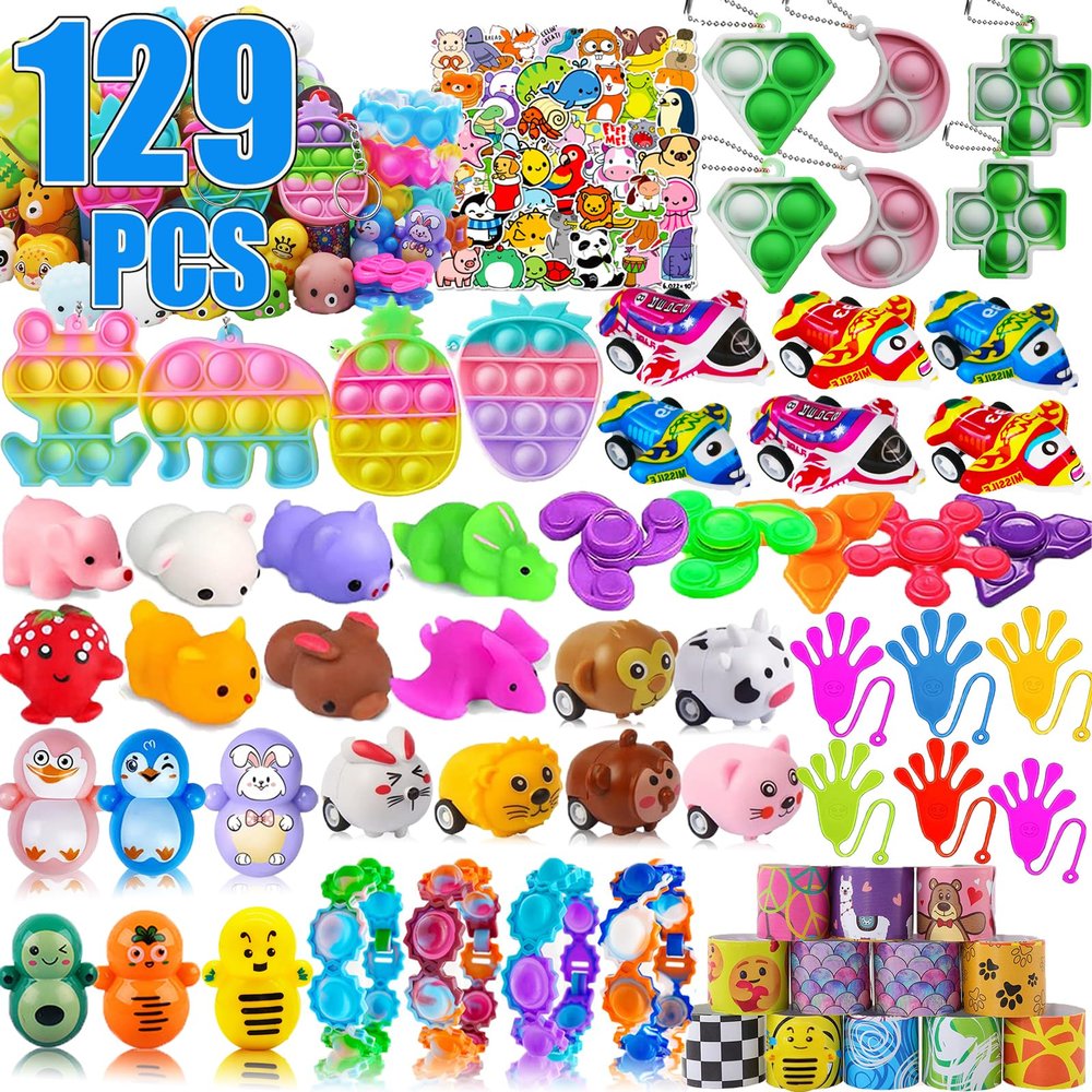 129 Pcs Pop Party Favors for Kids, Fidget Treasure Box Toys, Classroom Prizes, Pinata Filler Goody Bag Stuffers, Treasure Chest, Carnival Prize Box Toys for Boys Girls, Easter Basket Eggs Fillers
