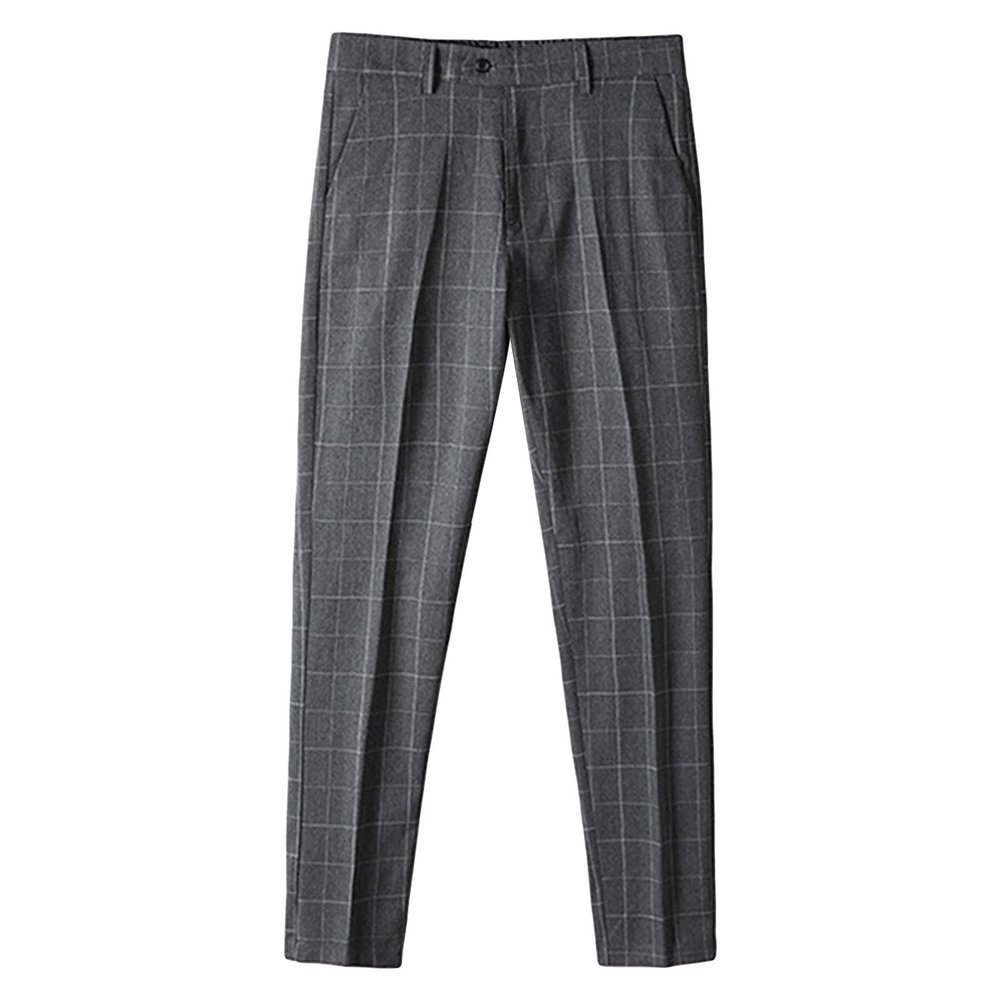 Men's Plaid Business Comfort Pant Casual Straight Fit Tapered Suit Pant Classic Lightweight Loose Fit Trousers (Dark Grey,34)