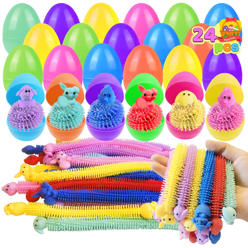 Cherislpy 24 Pack Prefilled Easter Eggs with Bunny Stretchy Strings Sensory Fidget Toys Inside Great for Kids Aduts Toddlers Easter Basket Stuffers Party Favors Egg Fillers Gifts