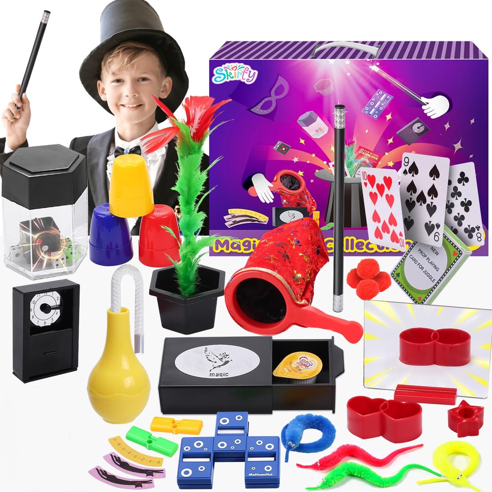 Skirfy Magic Kit-75+ Magic Tricks for Kids Age 6-8,Perfect Magic Toys for Kids,Featuring with Floating Vase,Double Magic Bag,Magic Mirror-Great Birthday Gifts for Boys Girls