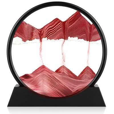 Moving Sand Art Picture - 3D Quicksand Painting Decor - Round Glass 3D Deep Sea Sandscape - Relaxing Home Decoration Desk Toys for Home Office Desk Mantle Bookshelf- (Red, 7 in)