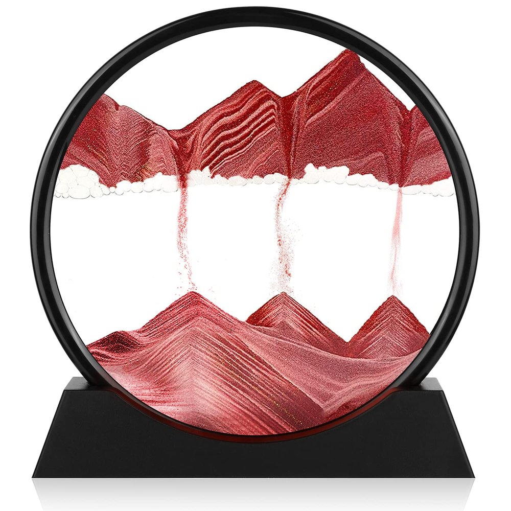 Moving Sand Art Picture - 3D Quicksand Painting Decor - Round Glass 3D Deep Sea Sandscape - Relaxing Home Decoration Desk Toys for Home Office Desk Mantle Bookshelf- (Red, 7 in)