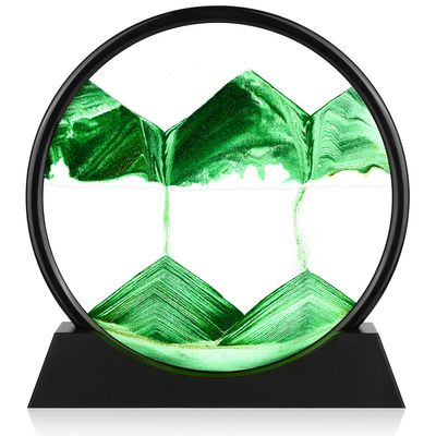 Herecanli Moving Sand Art Picture - 3D Quicksand Painting Decor - Round Glass 3D Deep Sea Sandscape - Relaxing Decoration for Home,Office,Desk,Mantle,Bookshelf,Room- (Green, 12 in)
