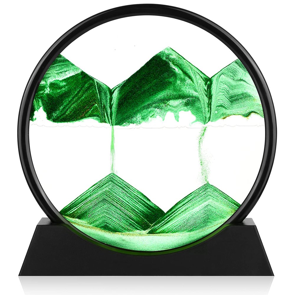Herecanli Moving Sand Art Picture - 3D Quicksand Painting Decor - Round Glass 3D Deep Sea Sandscape - Relaxing Decoration for Home,Office,Desk,Mantle,Bookshelf,Room- (Green, 12 in)