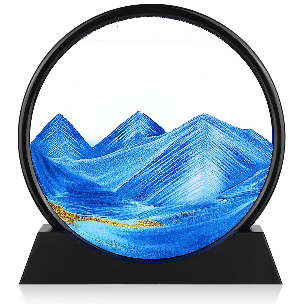 Herecanli Moving Sand Art Picture - 3D Quicksand Painting Decor - Round Glass 3D Deep Sea Sandscape - Relaxing Decoration for Home,Office,Desk,Mantle,Bookshelf,Room- (Blue, 12 in)