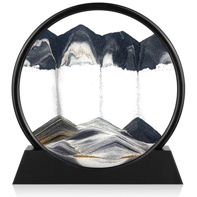 Herecanli Moving Sand Art Picture - 3D Quicksand Painting Decor - Round Glass 3D Deep Sea Sandscape - Relaxing Decoration for Home,Office,Desk,Mantle,Bookshelf,Room- (Black, 12 in)