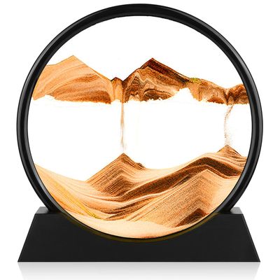 Herecanli Moving Sand Art Picture - 3D Quicksand Painting Decor - Round Glass 3D Deep Sea Sandscape - Relaxing Decoration for Home,Office,Desk,Mantle,Bookshelf,Room- (Yellow, 12 in)