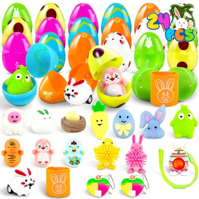 LINAYE 24 Packs Prefilled Easter Eggs with Toys Inside - Pre Filled Stuffed Easter Eggs with Pull-Back Cars, Mochi Toys for Egg Hunt, Basket Stuffers Gifts for Kids