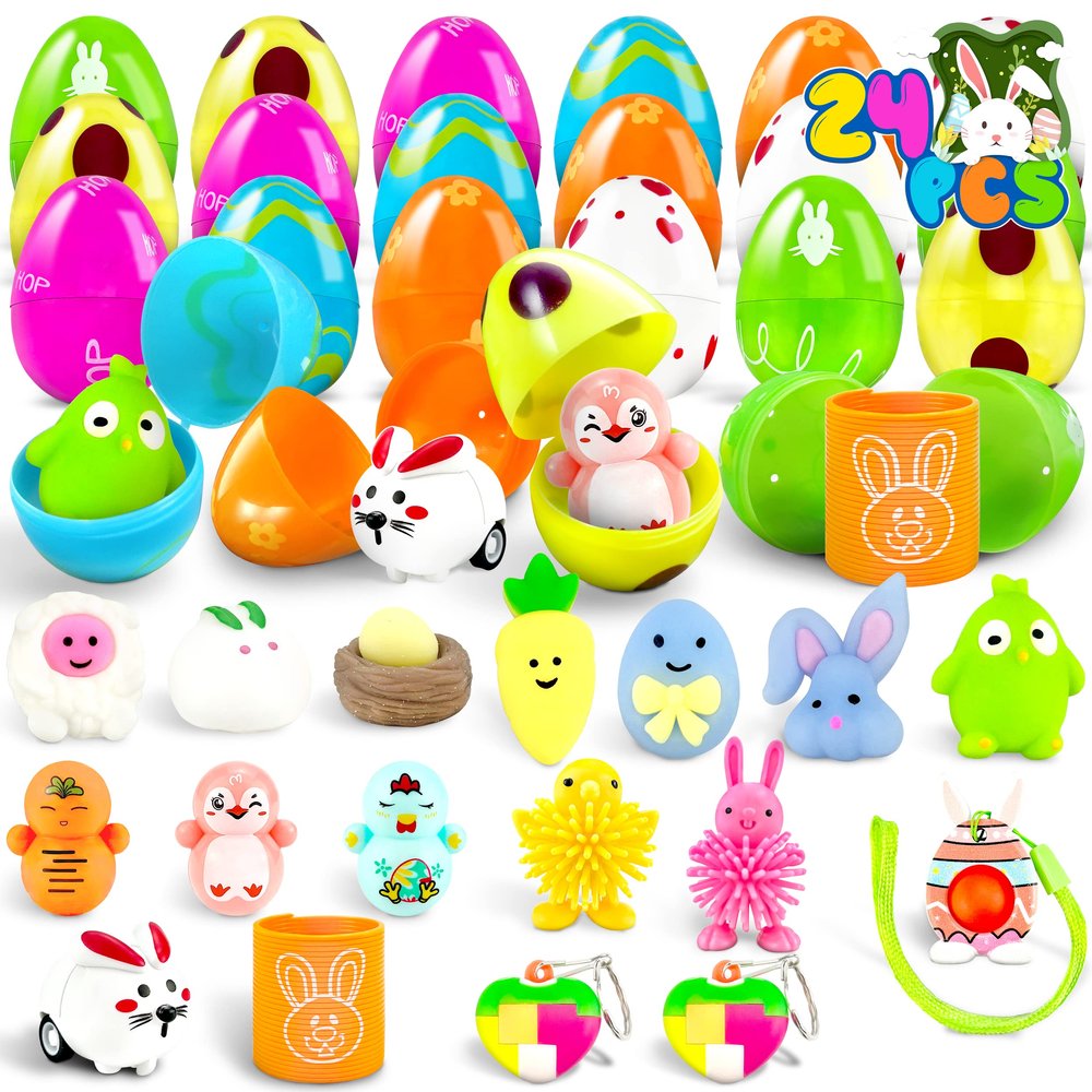 LINAYE 24 Packs Prefilled Easter Eggs with Toys Inside - Pre Filled Stuffed Easter Eggs with Pull-Back Cars, Mochi Toys for Egg Hunt, Basket Stuffers Gifts for Kids