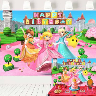 Super Mario Princess Peach Birthday Backdrop for Girls Princess Peach Castle Garden Background Daisy and Rosalina Video Game Banner 7x5 ft 417