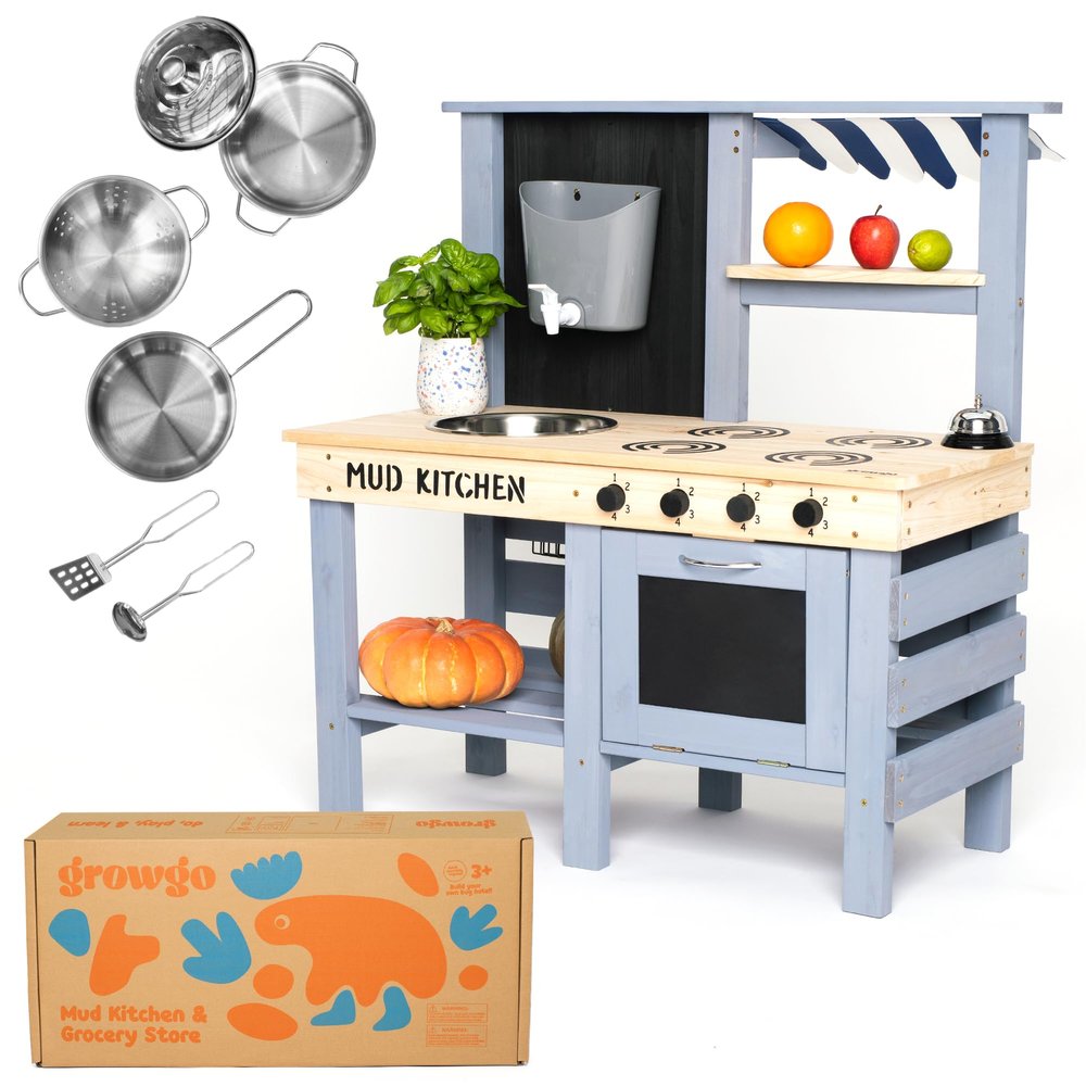 GROWGO 2-in-1 Mud Kitchen for Kids Outdoor with Utensils, Grocery Store Pretend Play - Lemonade Stand and Market Playset for Outdoor Fun - Perfect for Cooking, Role-Playing, and Creative Imagination