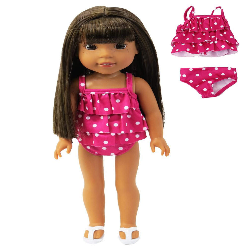 American Fashion World Pink Polka Dot 2-Piece Bathing Suit for 14-Inch Dolls | Premium Quality & Trendy Design | Dolls Clothes | Outfit Fashions for Dolls for Popular Brands