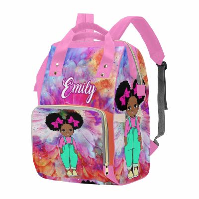 Personalized Rainbow Color Diaper Bag with African Cute Princess for Women, Custom Name Multifunction Mommy Nursing Daypack Tie Dye Travel Backpack with Large Capacity Birthday Gift for Women/Men
