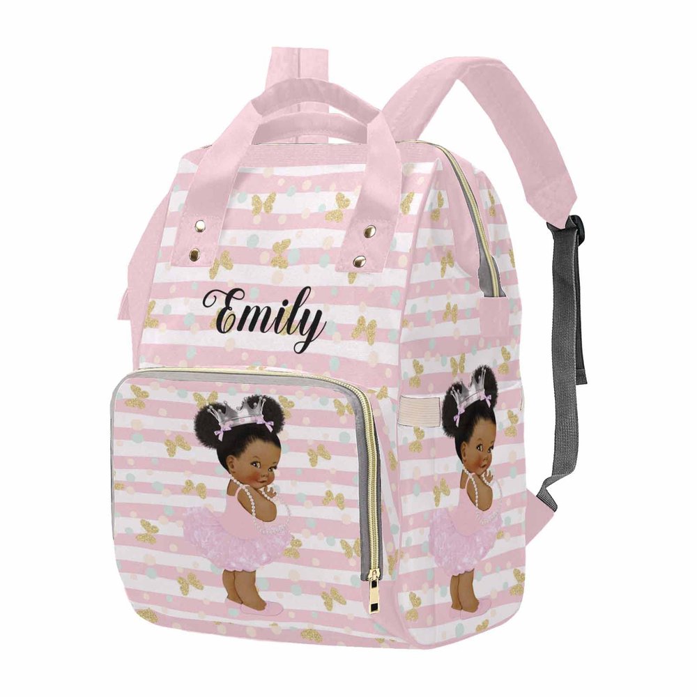 M YESCUSTOM Personalized Butterfly Diaper Bag with Name for Baby Girl/Boy, Customized African Black Princess Mommy Nursing Daypack for Travel Pink & White Stripes Large Capacity Backpack for Women