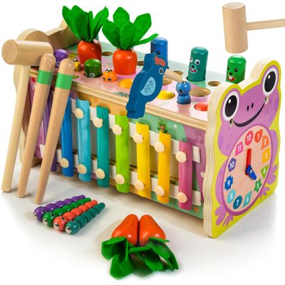 Amtreen 6-in-1 Wooden Montessori Toys for 1 Year Old, Mole-Tapping Game | Play The Xylophone | Frog Clock | Carrot Harvest Game | Spinning Gear, Baby Toy Gift for Early Learning