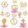 ANGOLIO 12Pcs Floral God Bless Decorations First Communion Honeycomb Centerpiece Double Sided Table Toppers for Baby Girl Baptism Party Decor Christening Celebration Religious Photo Props Decor Girls view 1