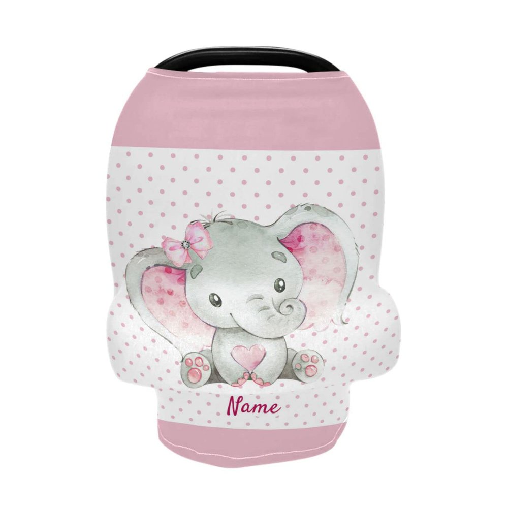 Personalized Baby Name Car Seat Covers for Girls, Customized Cute Elephant Infant Stroller Canopy, Babies Nursing Covers Breastfeeding Scarf Shopping Cart Cover