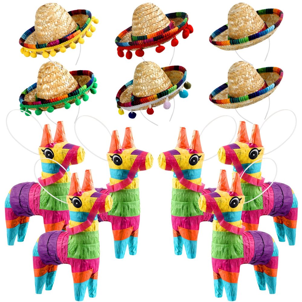 6 Pieces Mini Rainbow Donkey Piata 4 x 7 Inch and 6 Pieces Sombrero Hat headbands for Cinco De Mayo Mexican Decorations Carnivals Festivals Taco Tuesday Event Fiesta Supplies(Classic Style)