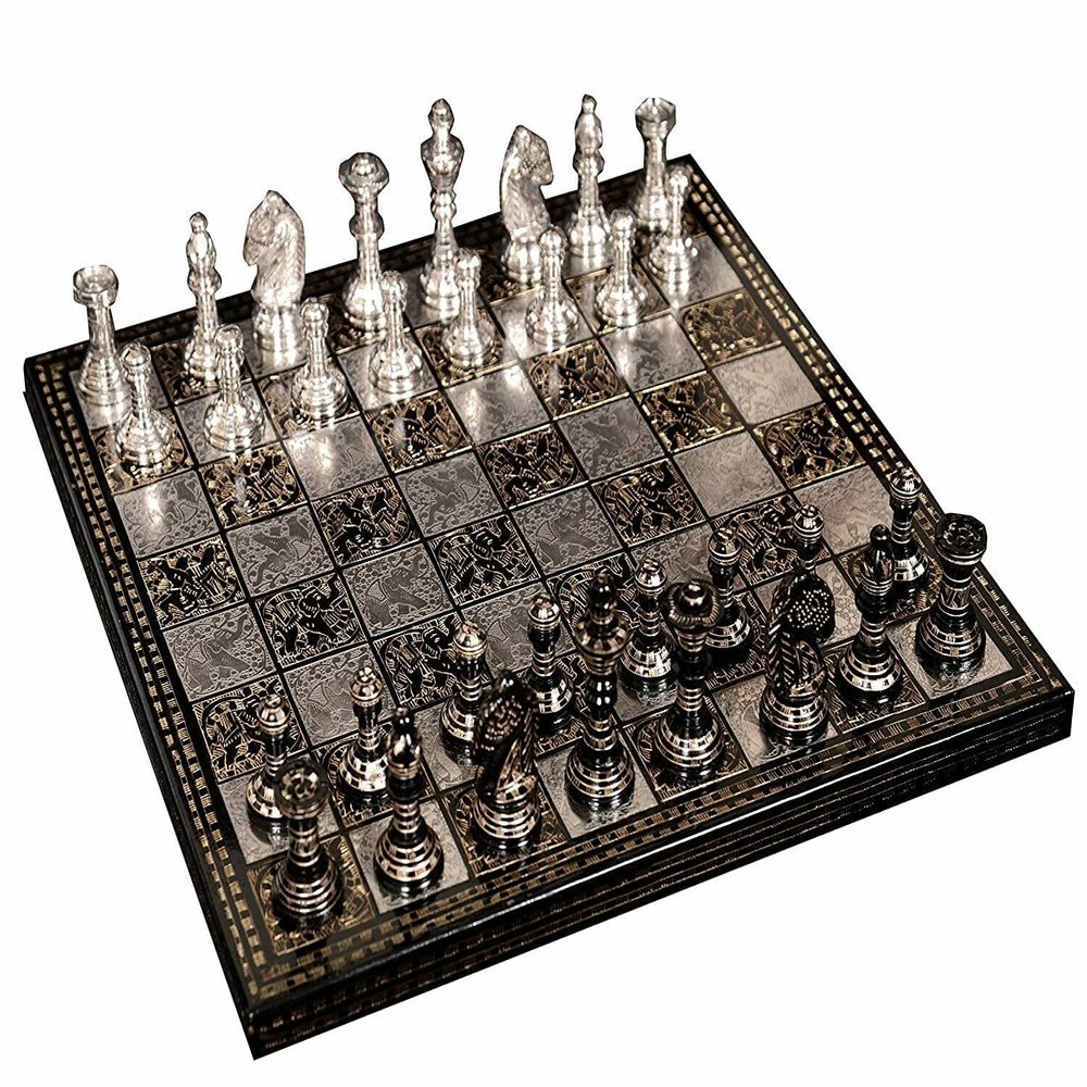 12" Solid Brass Metal Chess Set Pieces & Board with Velvet Storage Box | Brass Metal Luxury Chess Set | Antique Chess Set for Gifts