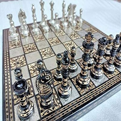 14 inch Handcrafted Russian Soviet Series Metal Chess Pieces & Board Set with Velvet Storage Box | Brass Metal Luxury Chess Set | Quad Weighted | Devyom Store Soviet Series l Luxury Chess Set