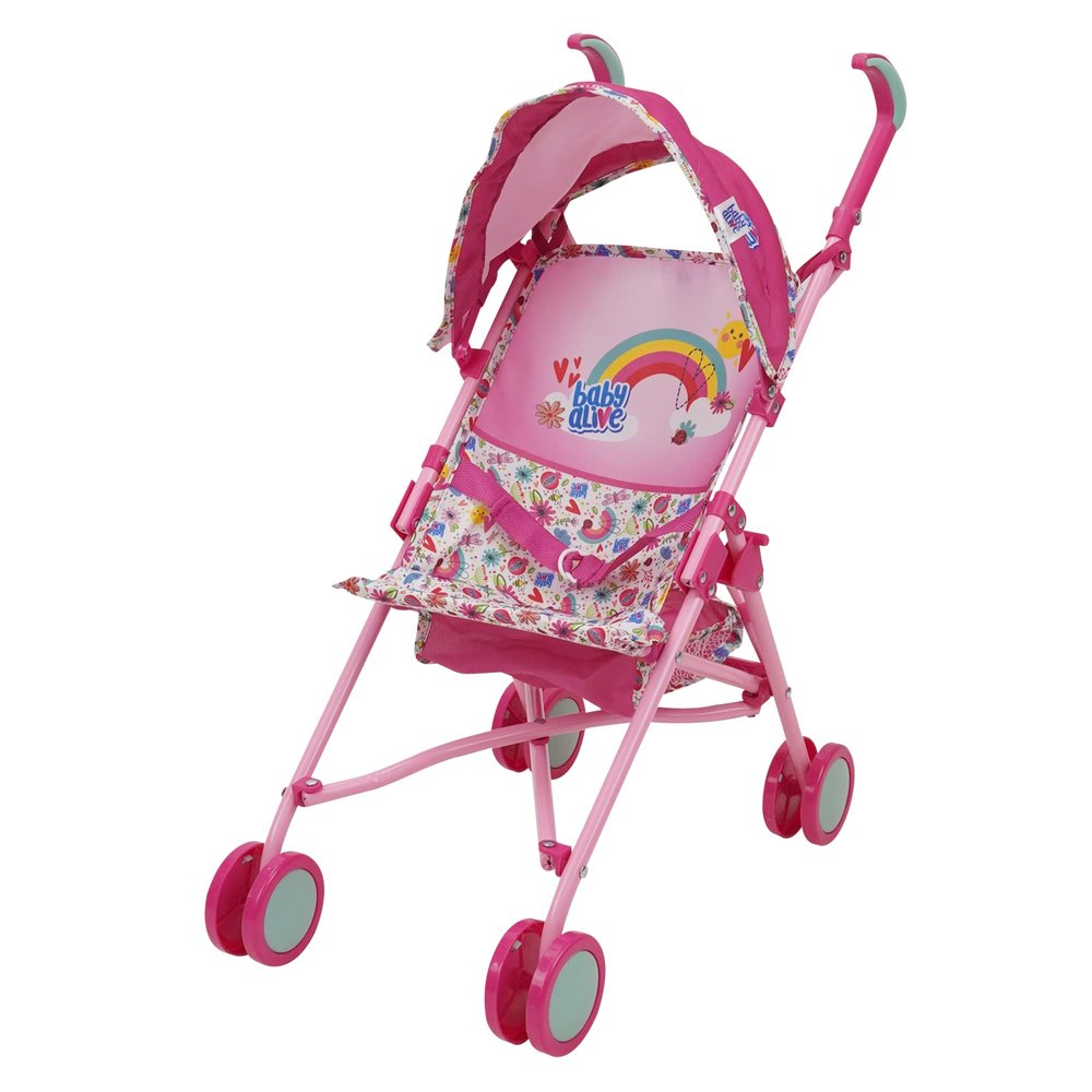 Baby Alive Doll Stroller with Canopy & Safety Harness, Pink & Rainbow, Foldable for Travel, Fits Dolls Up to 24 Inches, for Kids 3+