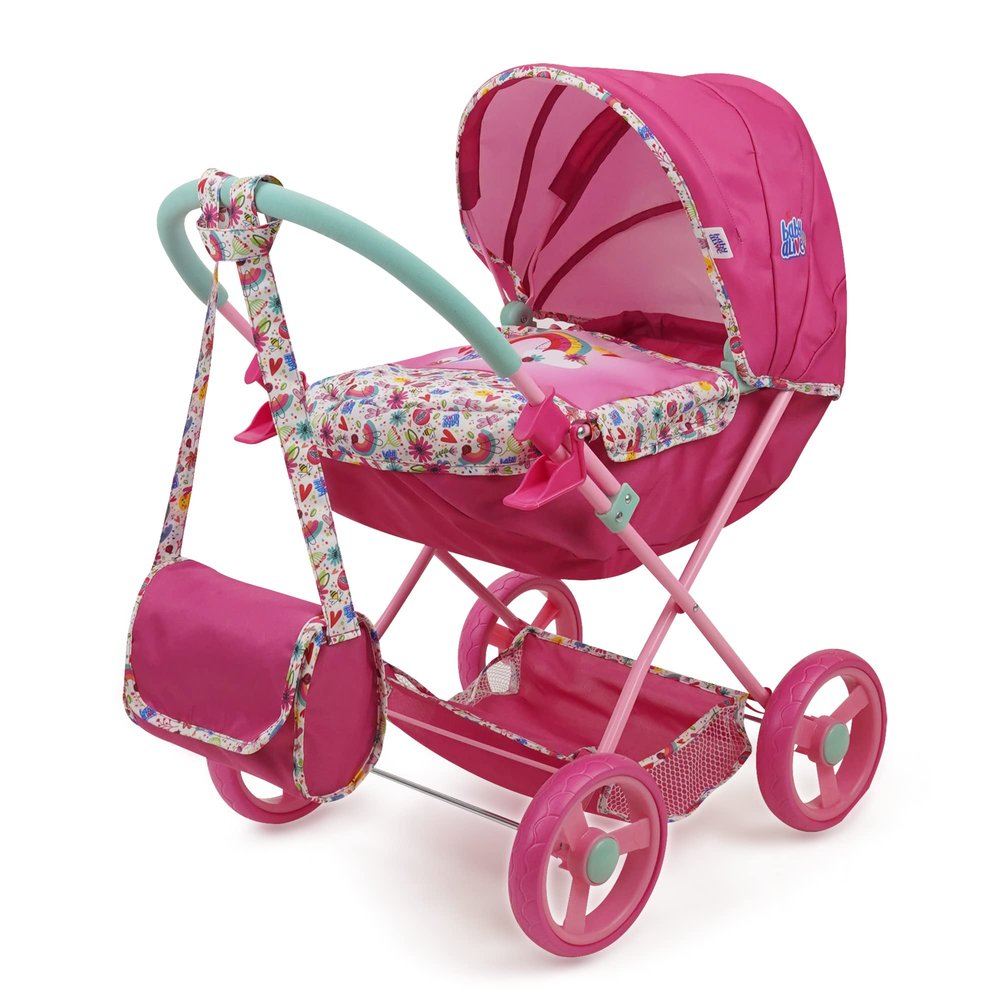 Baby Alive Deluxe Doll Pram - Pink & Rainbow - Includes Handbag, Fits 18" Dolls, Large Canopy, Storage Basket, Bassinet - Pretend Play for Kids Ages 3+